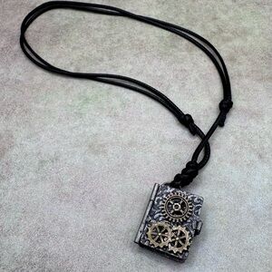 Steampunk Gear Locket Necklace in Black and Antiqued Silver